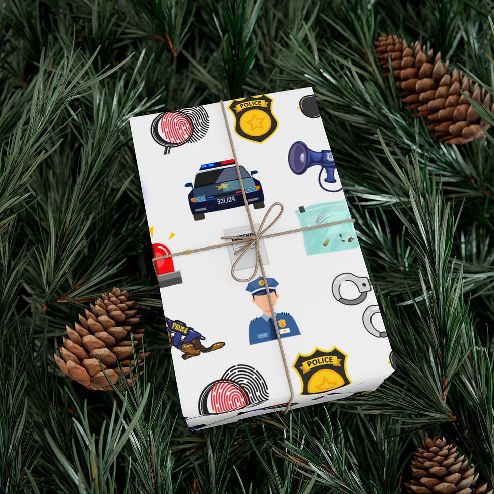 Thumbnail: Gift wrapped in police pattern; police car, badge, handcuffs, and more. 
