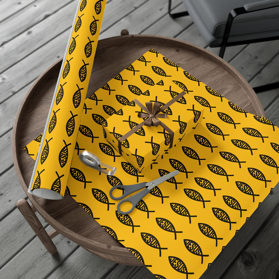 Thumbnail: Yellow gift wrapping paper with black fish design, scissors, and wrapped present.