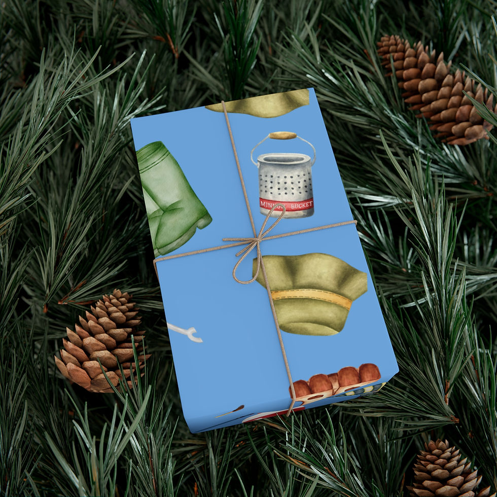 Thumbnail: Blue fishing wrapping paper with hats, fishing creel, pine cones, and greenery.