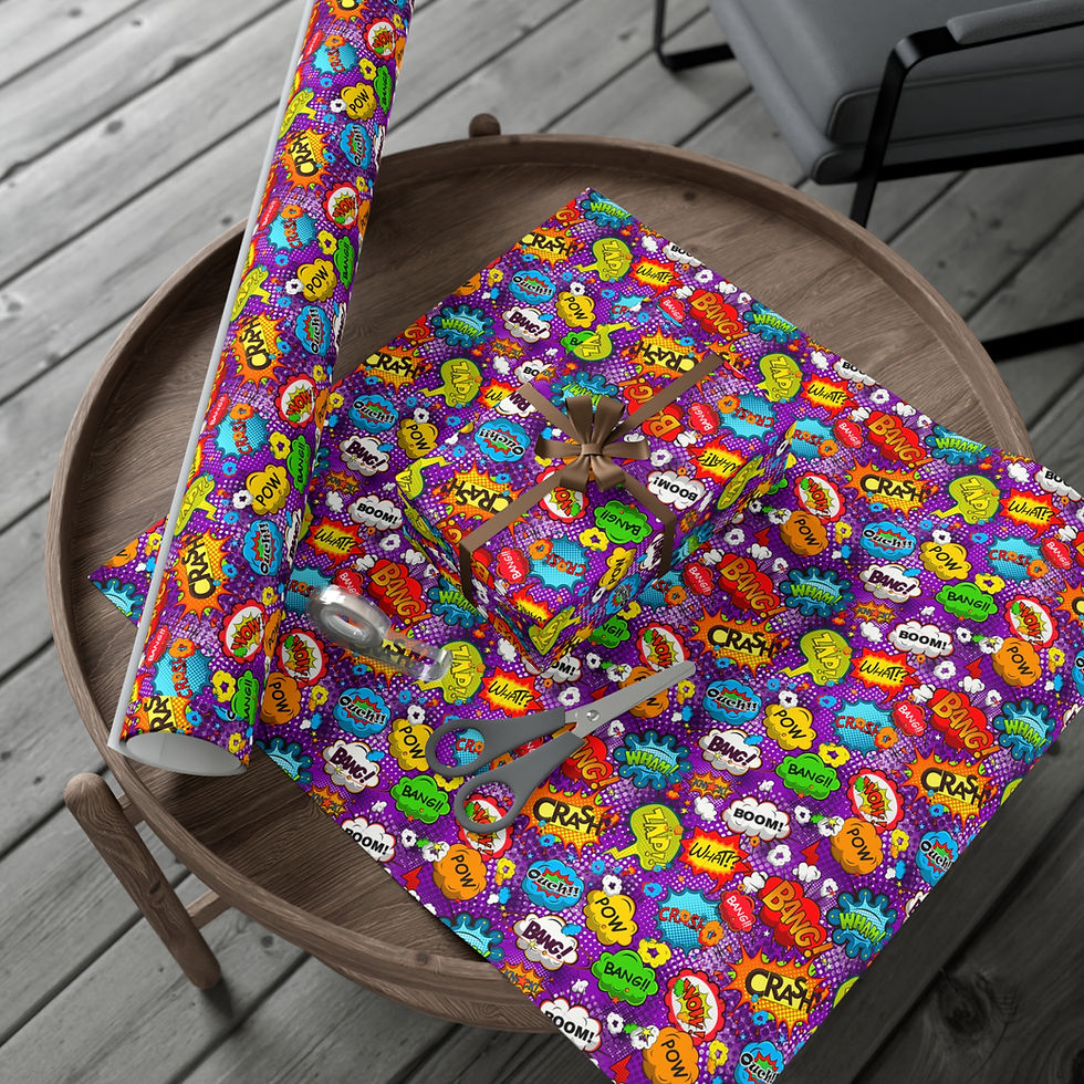 Thumbnail: Gift wrapped box and wrapping paper with colorful cartoon graphics.