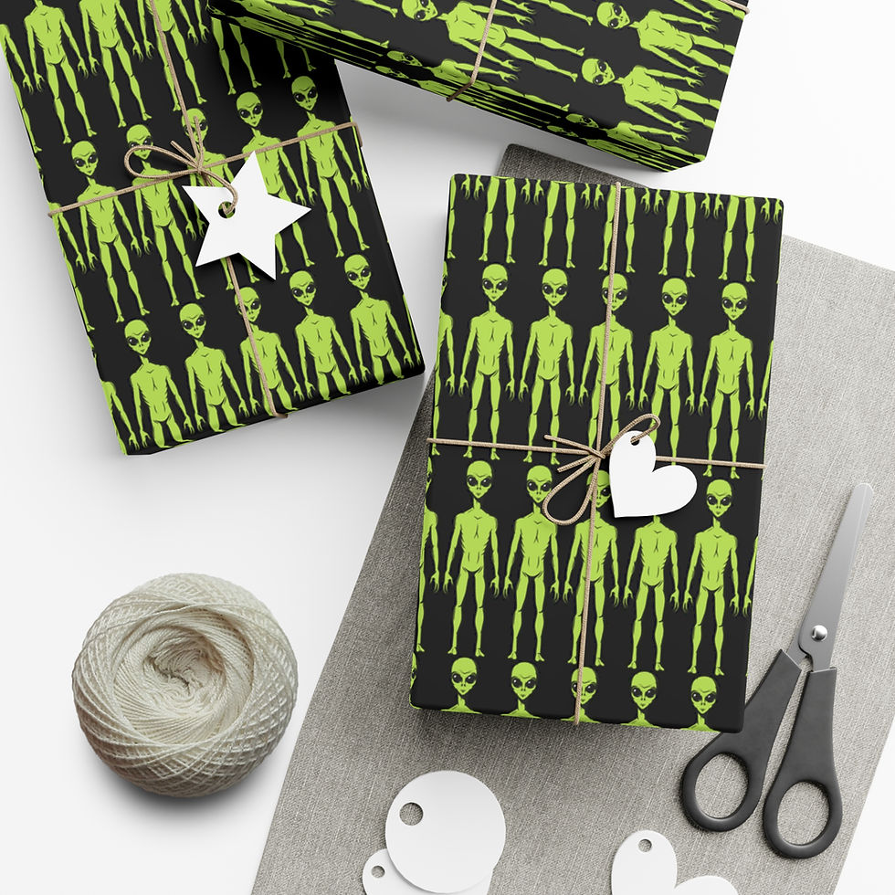 Thumbnail: Wrapped gifts with Extraterrestrial Alien Gift Wrapping Paper | Neon Green Creature Sci-Fi Pattern, scissors, twine, and tags