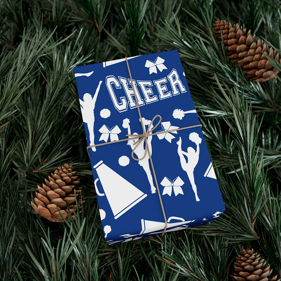 Thumbnail: Blue wrapping paper with cheerleading graphics and the word CHEER on the front.