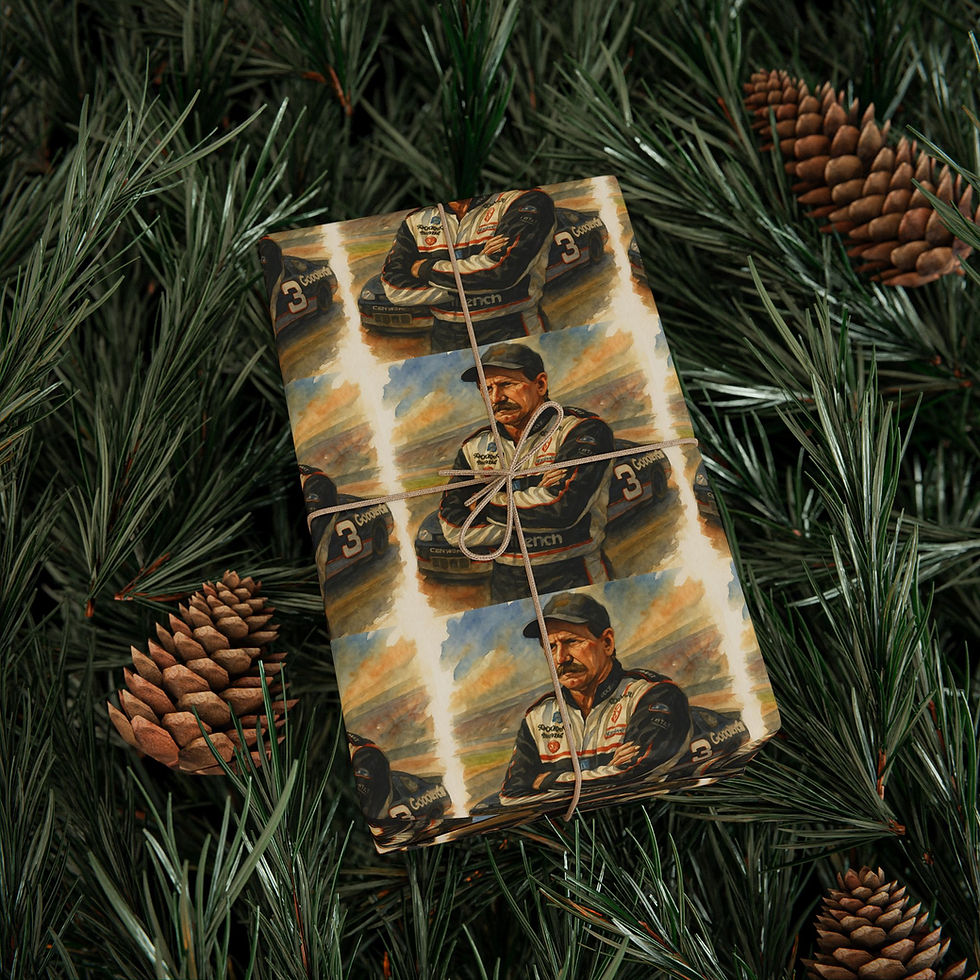 Thumbnail: Wrapped gift featuring Dale Earnhardt on wrapping paper with twine and evergreen.