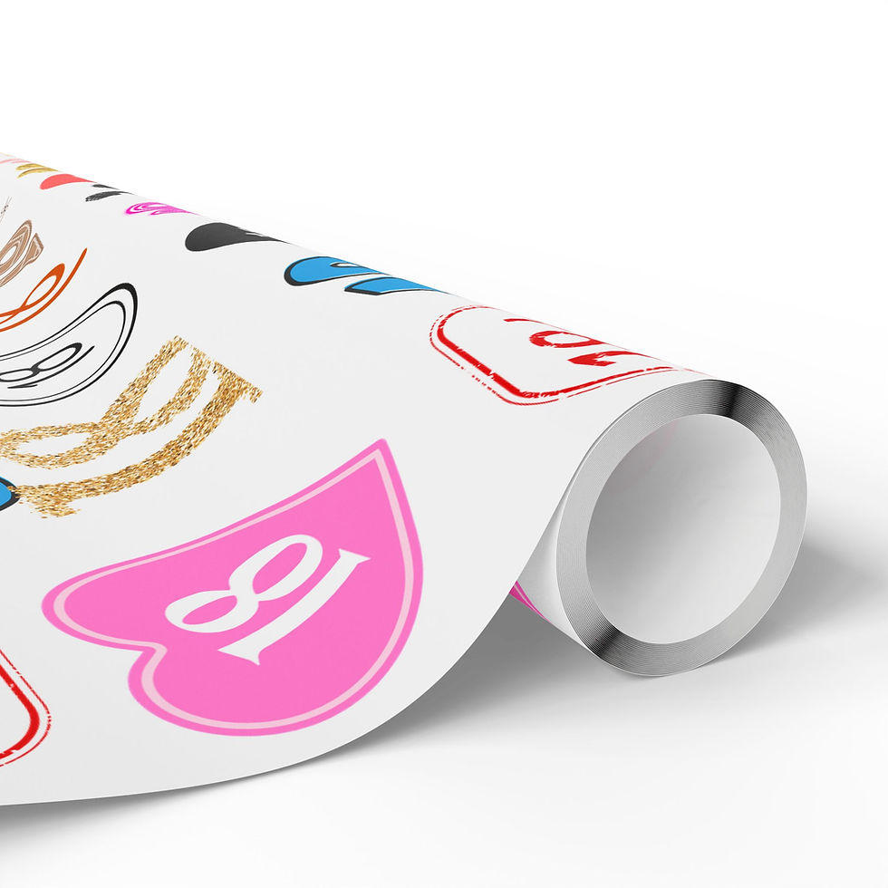 Thumbnail: Rolled wrapping paper with colorful icons and 90 inside pink heart design.