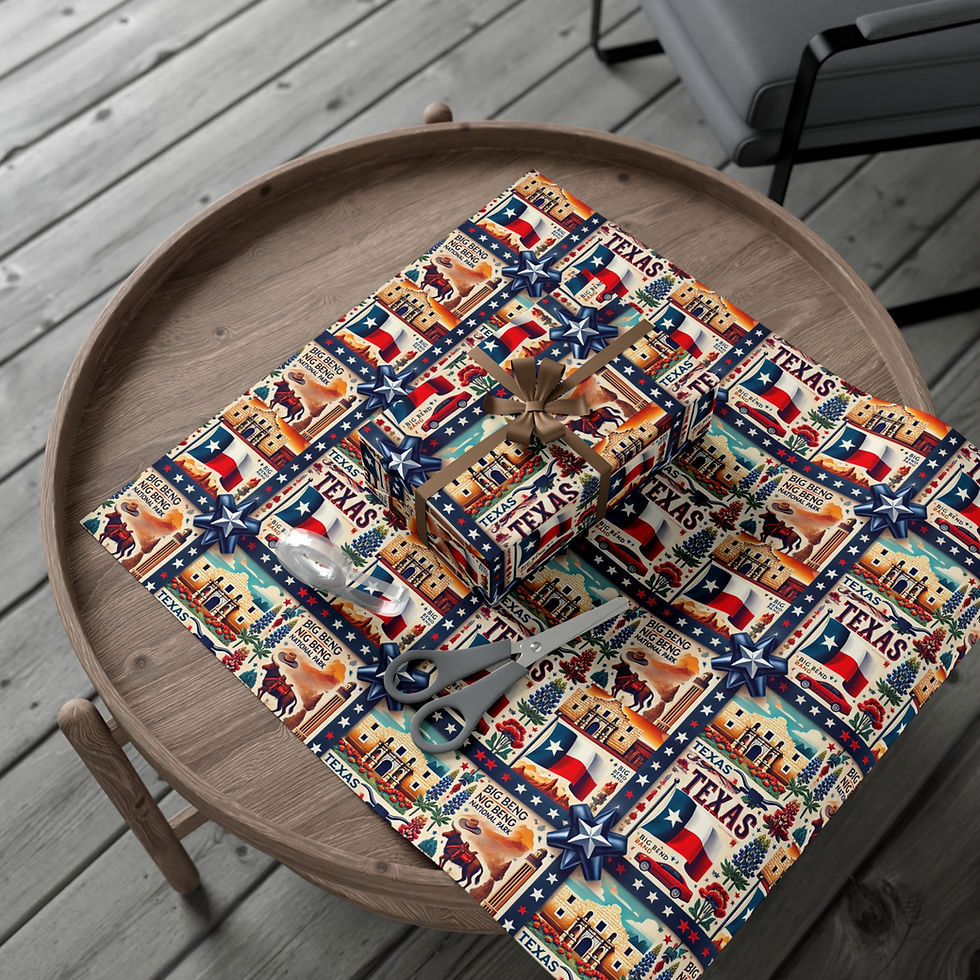 Thumbnail: Gift wrapped, Texas themed paper; State Flag on round table. Texas Gift Wrapping Paper.