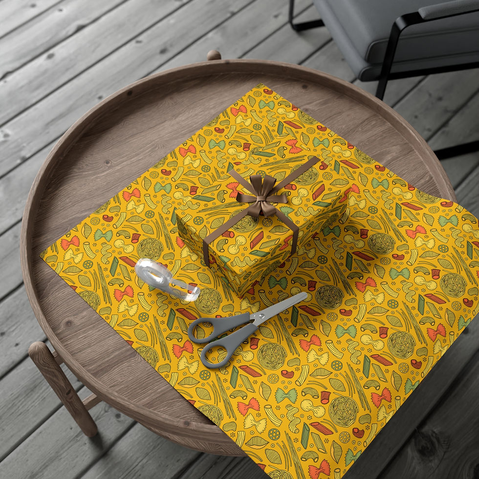 Thumbnail: Gift wrapped, Pasta Lover Gift Wrapping Paper | Colorful Macaroni pattern, scissors, spoon on table