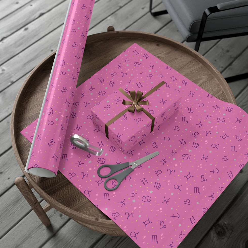 Thumbnail: Pink gift wrap with zodiac signs and scissors on a wooden table