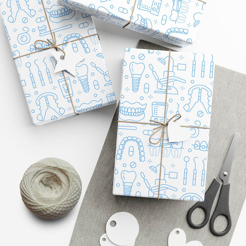 Thumbnail: Wrapped gifts with dental tools pattern. Twine, scissors, and tags included. Blue Sewing Gift Wrap