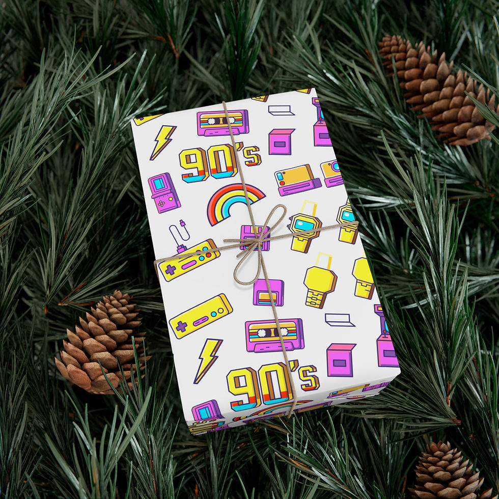 Thumbnail: Gift wrapped, white wrapping paper with 90s theme and pine needles background
