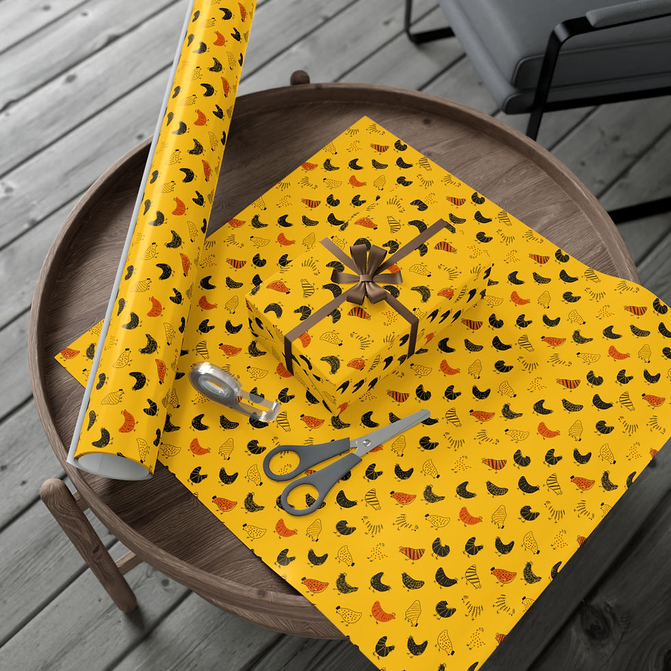 Thumbnail: Gift wrapped, yellow Chicken Lover Gift Wrapping Paper with black and red hens pattern on table