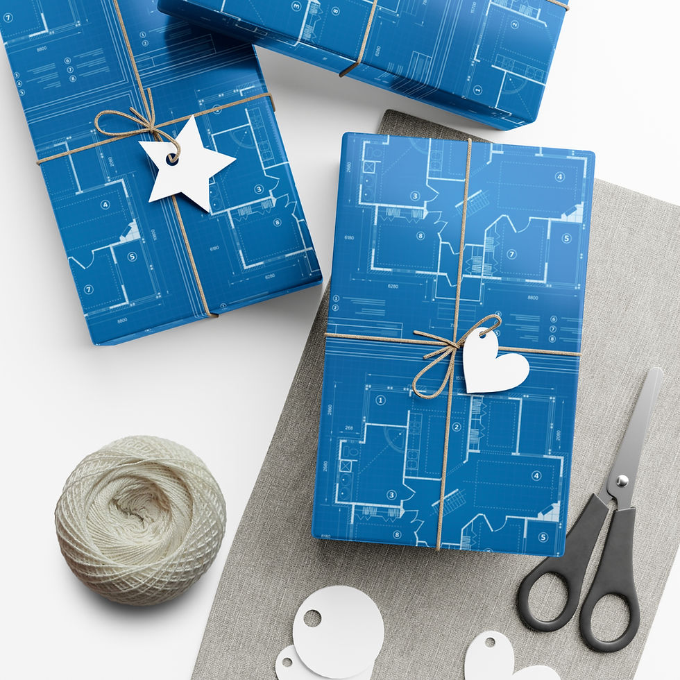 Thumbnail: Blue gifts wrapped with blueprint design, heart and star tags, scissors.