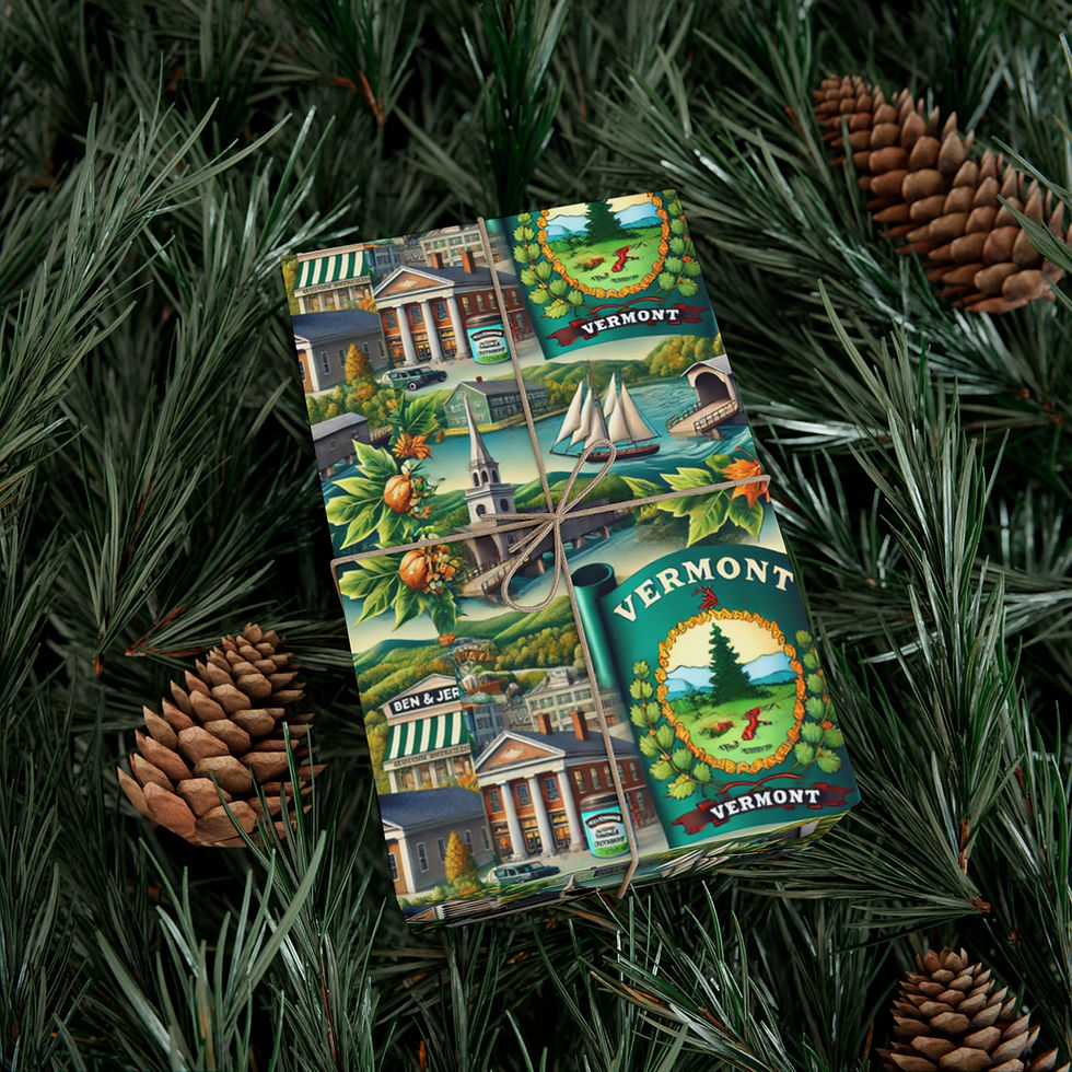 Thumbnail: Wrapped Vermont gift, scenic illustrations on festive wrapping paper, surrounded by pine.