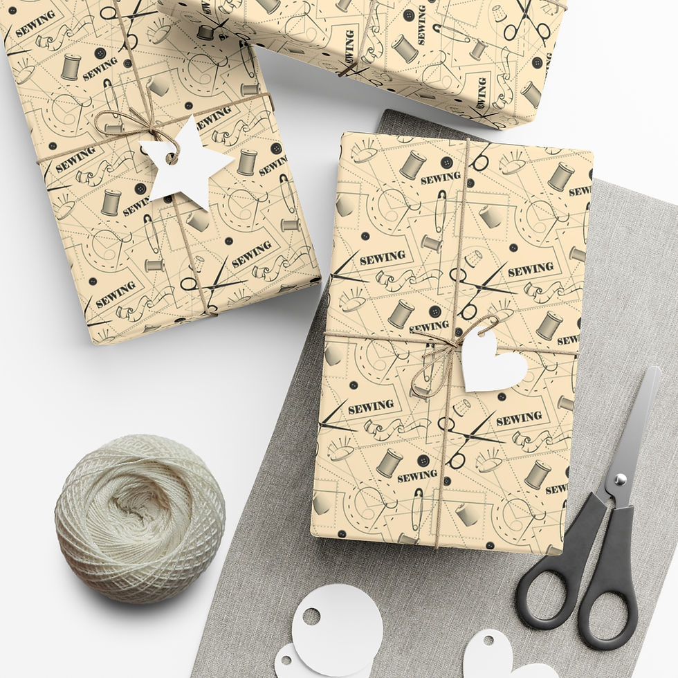 Thumbnail: Wrapped gifts with sewing-themed wrapping paper, scissors, and string on white surface.