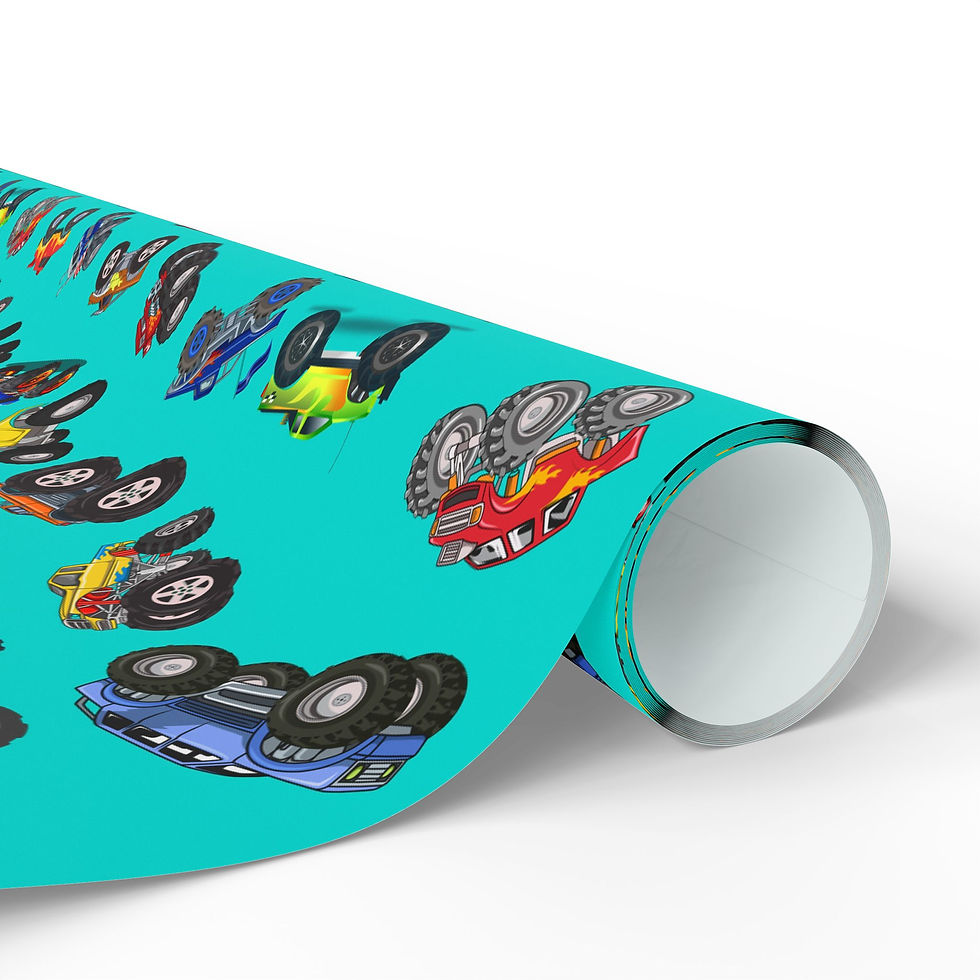 Thumbnail: Roll of monster truck gift wrap with colorful trucks.