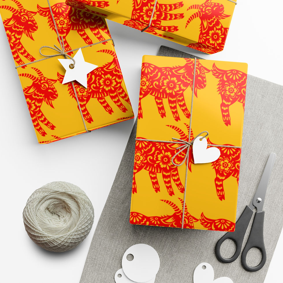 Thumbnail: Wrapped gifts on yellow paper with red goat design, scissors, string, and tags.