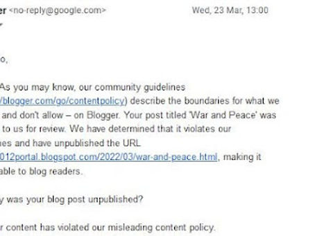 Cobra: A Short Message to the Surface Population – On Blogger’s Censorship of the ‘War and Peace’ Article | Mon, Mar 28, 2022