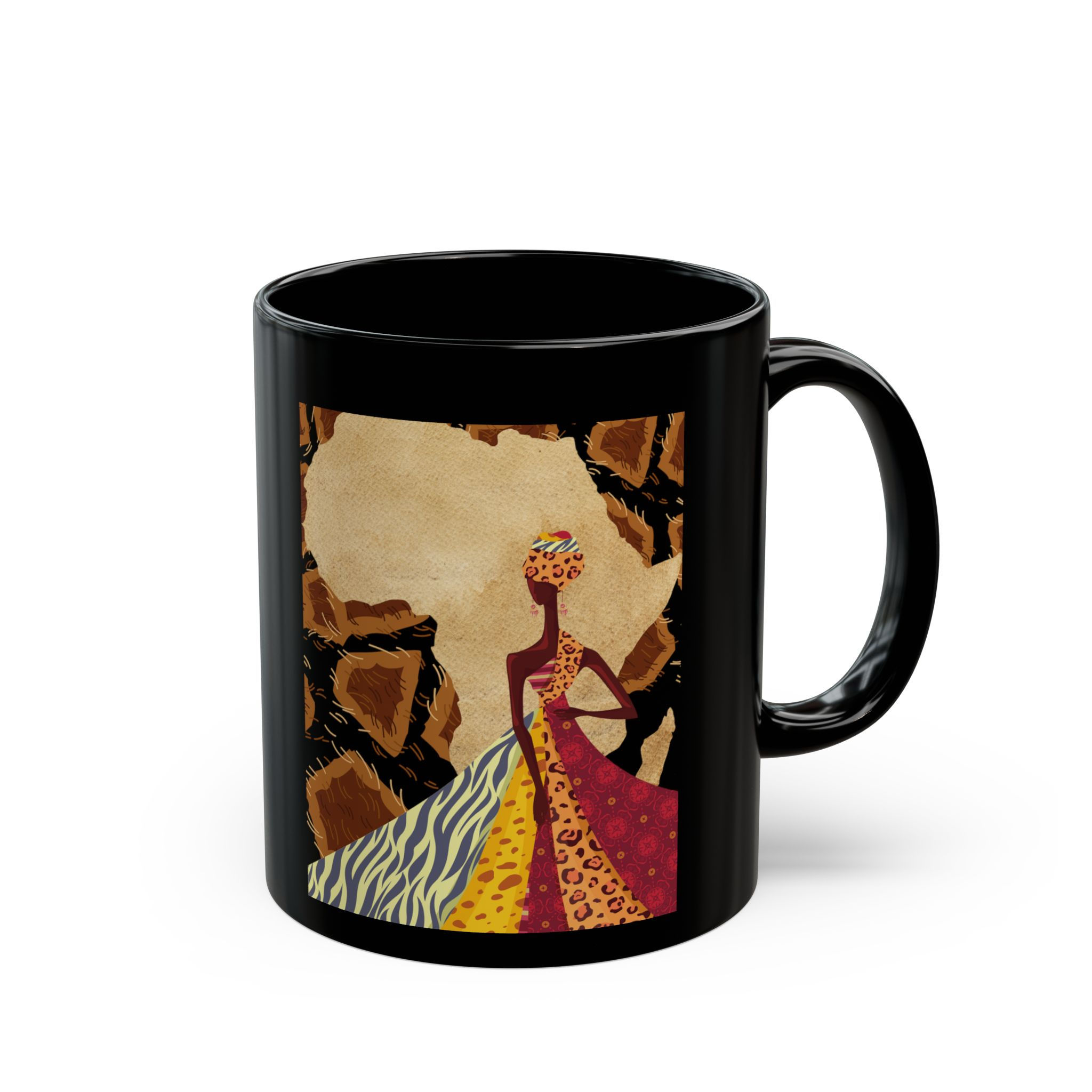 African Fashion Art Black Mug — Elegant Woman in Patterned Gown (11oz)