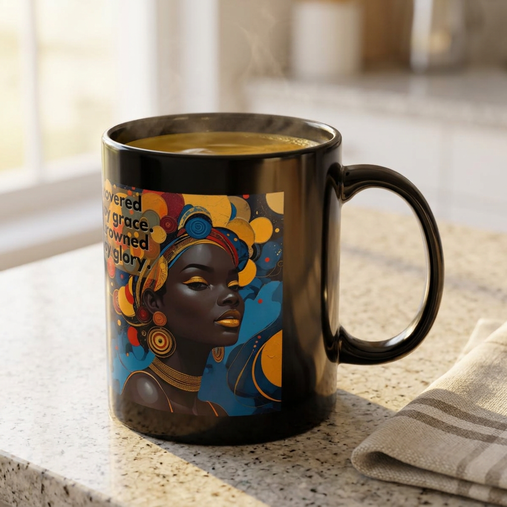 Black Mug – "Covered by Grace" Afrocentric Art Coffee Mug (11oz/15oz)