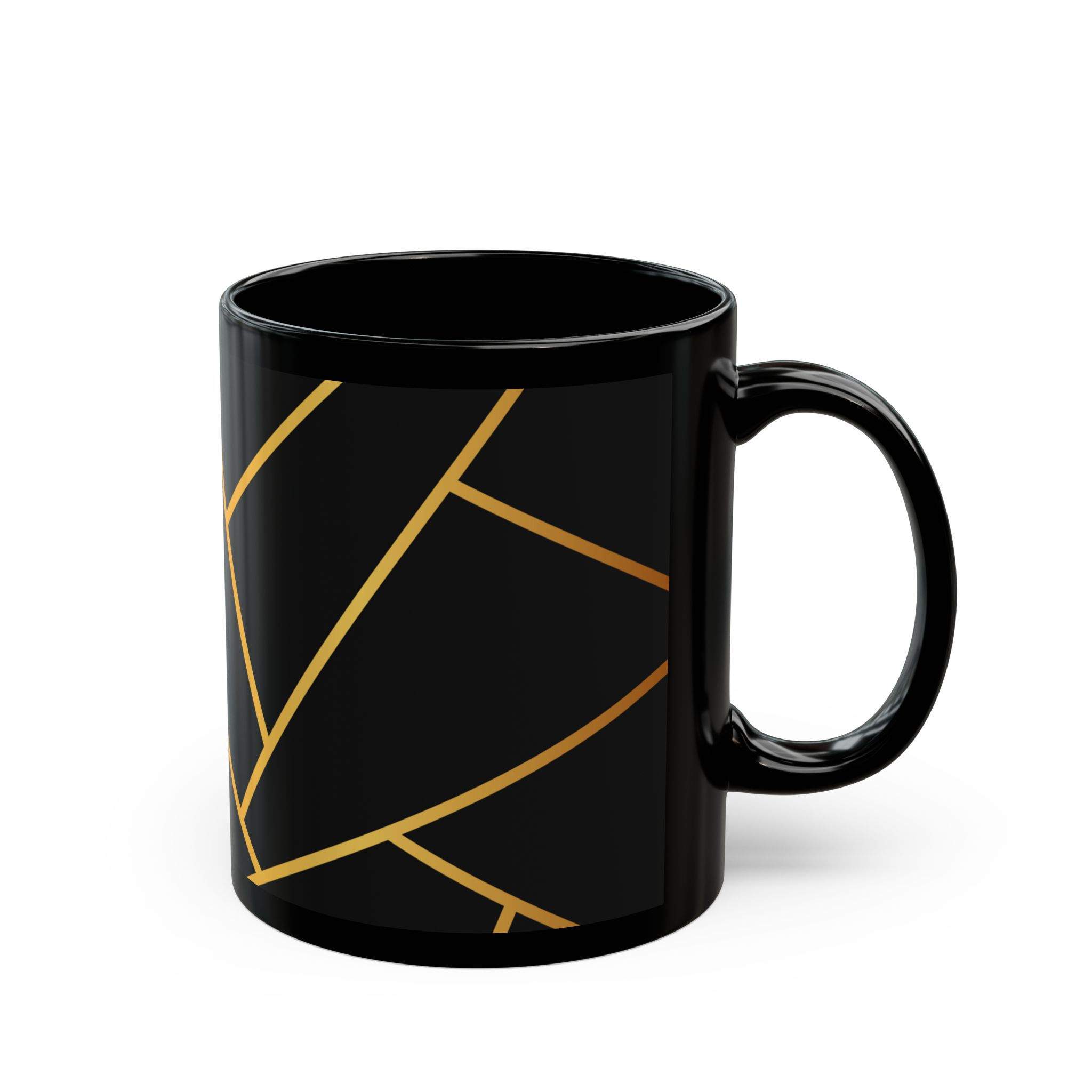 Black Ceramic Mug with Gold Geometric Lines — Elegant Modern Coffee Cup