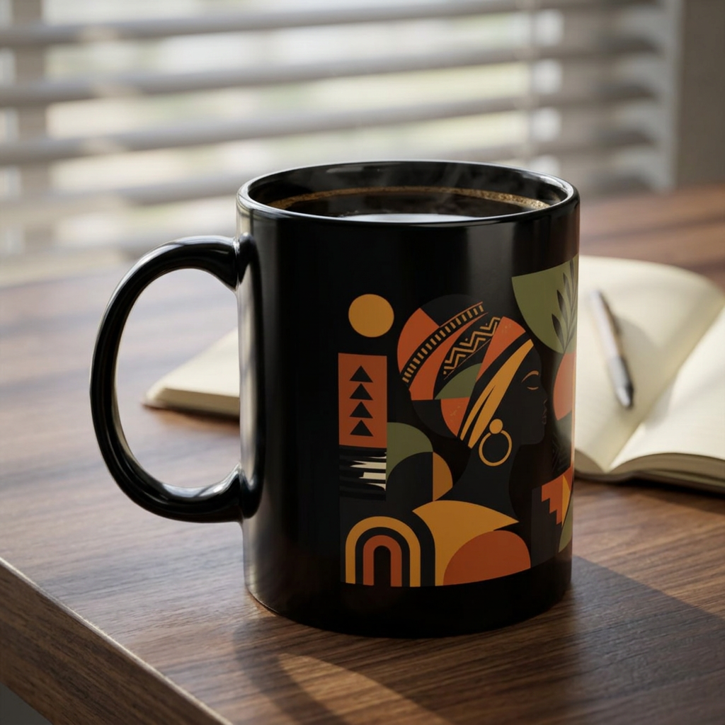 Abstract Afrocentric Art Mug - Black Ceramic Coffee Cup