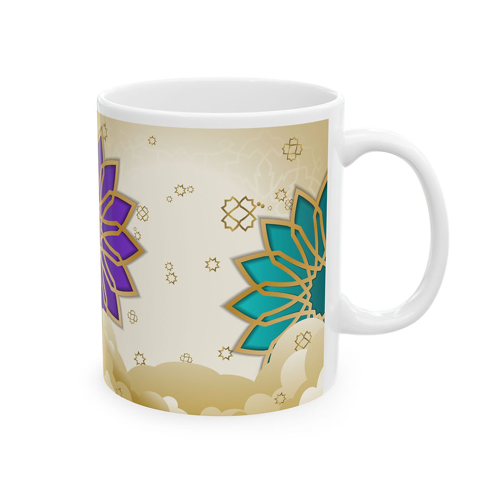 Thumbnail: Mandala Pattern Ceramic Mug — Gold & Purple/Teal Decorative Coffee Cup