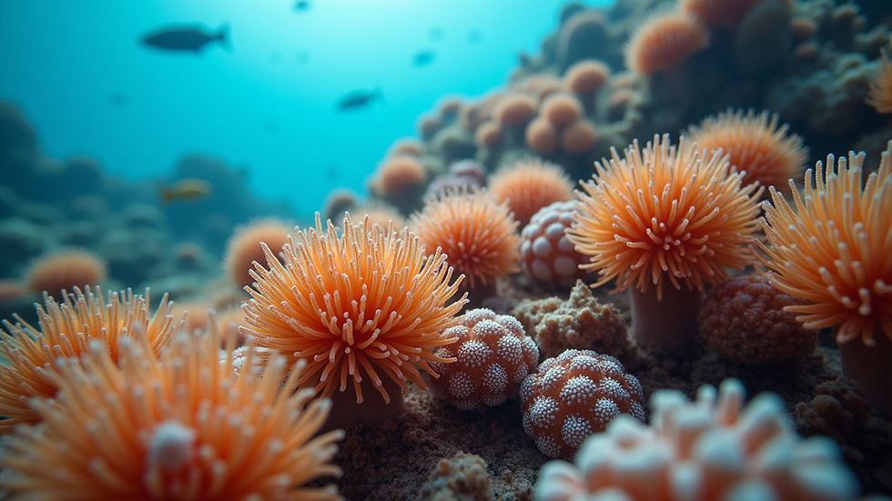 Close-up view of a vibrant coral reef teeming with marine invertebrates