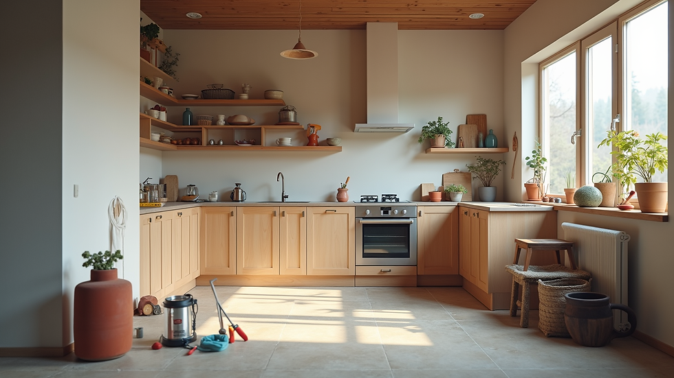 Wide angle view of a kitchen renovation in progress with tools and materials