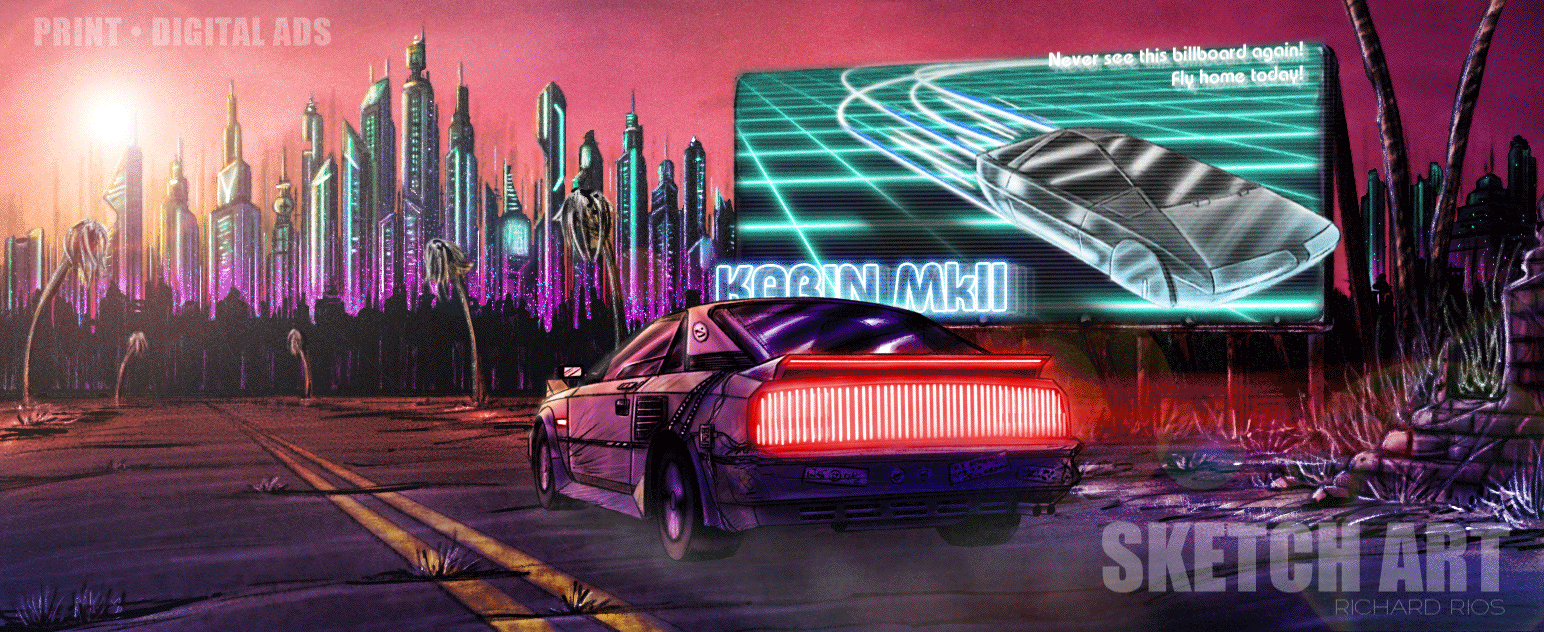 Cyberpunk car travelling through wasteland to city art gif, featuring toyota mr2 and citroen karin