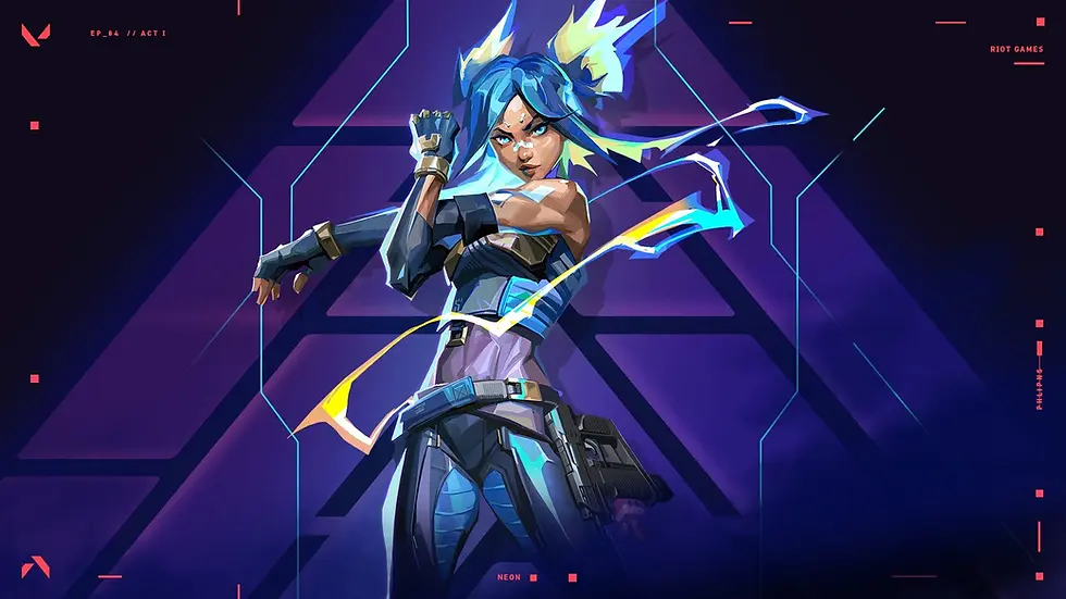 Stylized promotional artwork of a futuristic female character with blue hair and glowing electric accents, standing in a dynamic pose against a dark purple geometric background. She wears a sleek sci-fi combat outfit with a holstered weapon, while neon blue and yellow energy streaks swirl around her. The image includes minimalist red interface-style graphics and branding elements from the game Valorant by Riot Games.