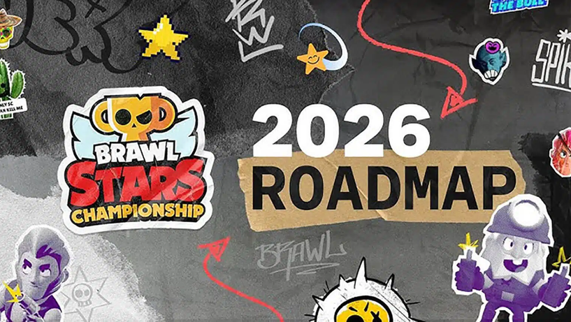 Brawl Stars 2026 Roadmap, colorful characters on a dark graffiti background. Texts and arrows suggest excitement and planning.