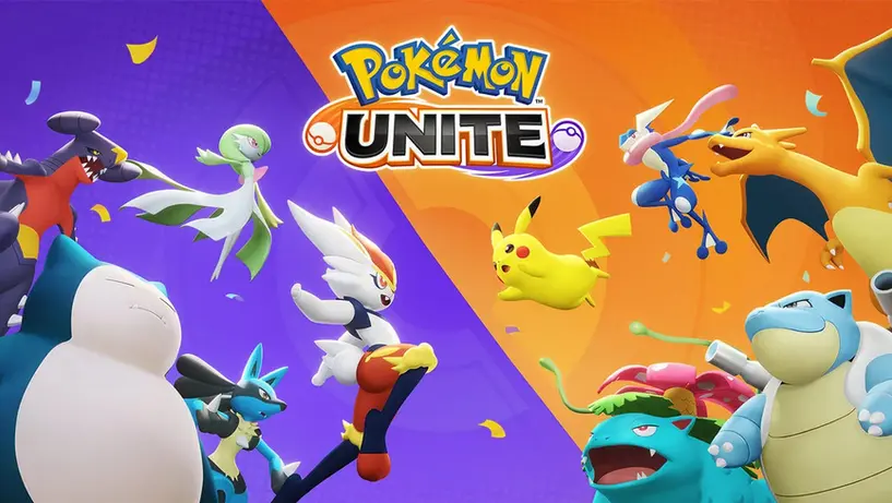 Colorful "Pokémon Unite" poster with various Pokémon like Pikachu and Charizard in dynamic poses. Split purple and orange background.