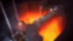 Blocky, Minecraft-style characters cross a narrow stone bridge over glowing lava inside a dark dungeon, with chains hanging nearby and enemies approaching from behind.