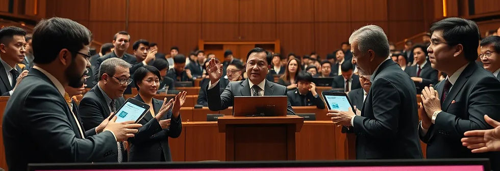 A dramatic, cinematic scene inside Singapore's modern Parliament chamber during a heated d