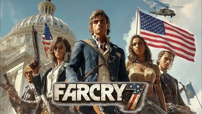 Group of five armed individuals stands resolutely in front of a Capitol-like building. An American flag and helicopter are in the sky. "FAR CRY 7" text.