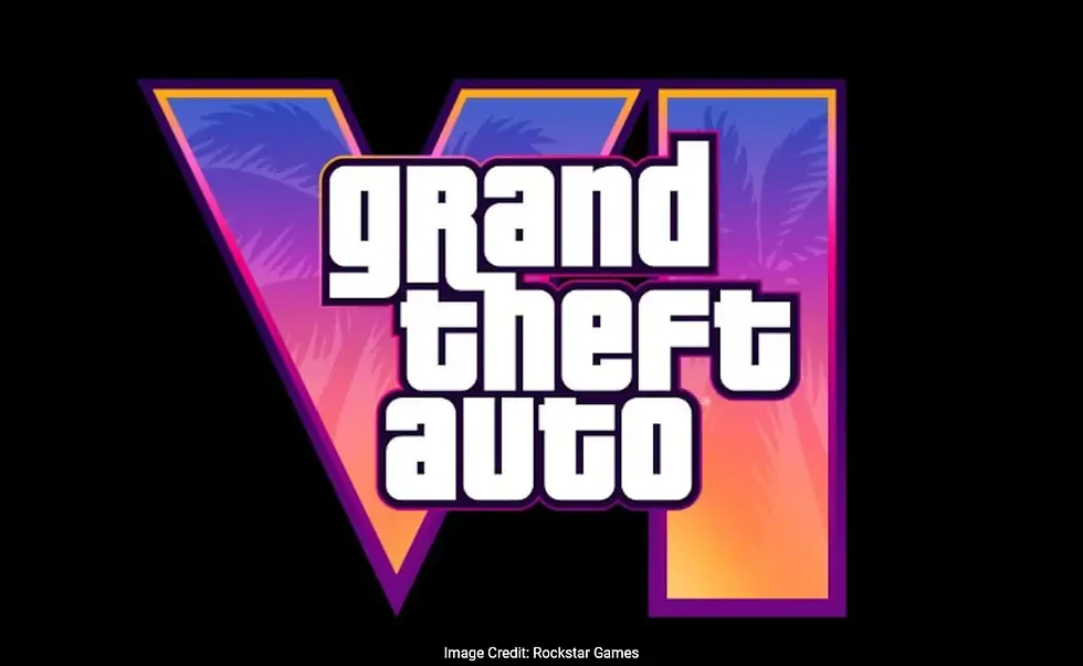 Bold "Grand Theft Auto VI" logo on a black background with purple and orange gradient V shape, featuring palm tree silhouettes.