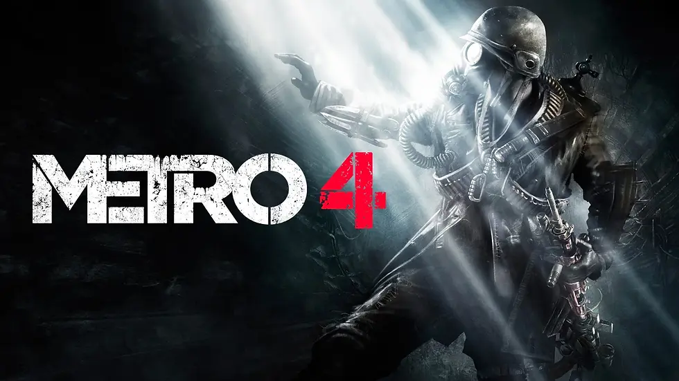 Soldier in gas mask in dark setting, light rays shining. Text "METRO 4" in bold, cracked white and red. Intense and ominous mood.