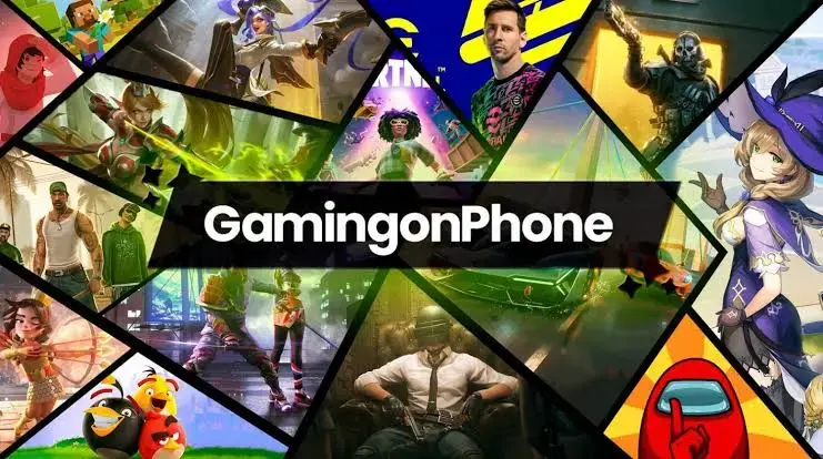 GamingonPhone banner in black center over collage of colorful game characters and scenes in geometric panels.