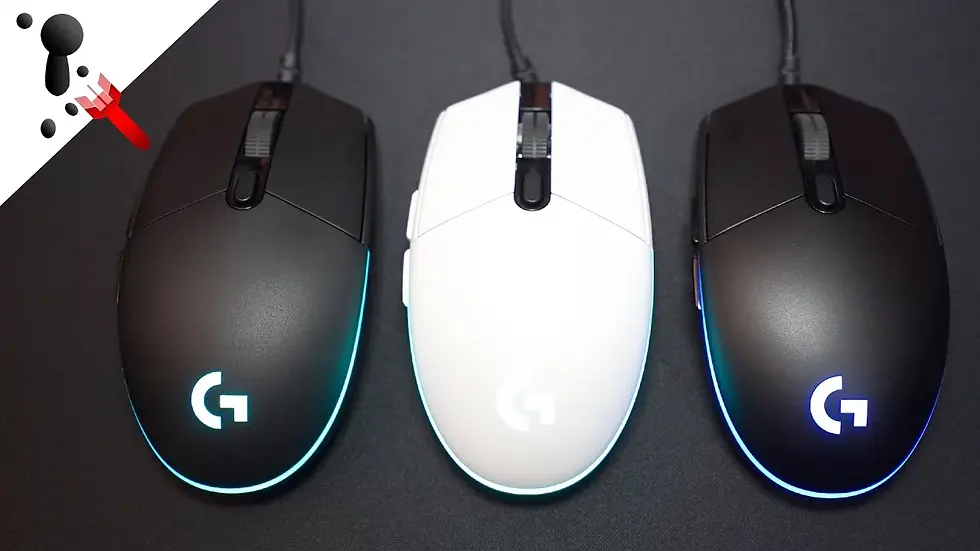 Three gaming mice on a black surface: two black and one white, all with glowing LED edges. A logo in the corner features a red arrow.