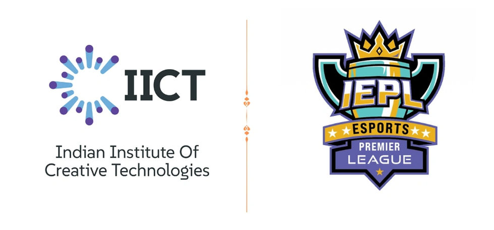 IICT logo with purple and blue design on left; IEPL Esports Premier League logo with trophy and crown on right. Text in black and colorful graphics.