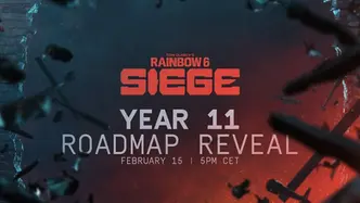 Rainbow Six Siege Year 11 Roadmap Reveal text on red-blue background with debris. Date: February 15, 5 PM CET.