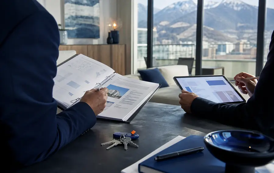 Illustration éditoriale de professionnels examinant le dossier d’un appartement à Grenoble.