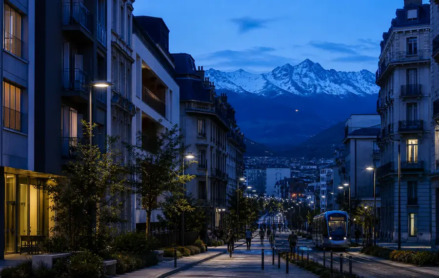 Illustration éditoriale d’une rue grenobloise au crépuscule avec le tram et les massifs alpins.