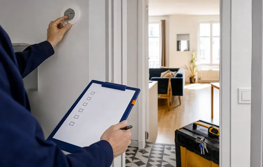 Illustration éditoriale d’une inspection préventive dans un appartement avant sa mise en location.