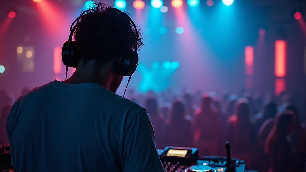 Close-up view of a DJ wearing headphones at a silent disco event
