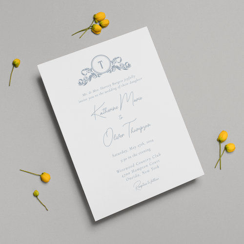 Best Price! Vintage Crest Dusty Blue Wedding Monogram Invitation