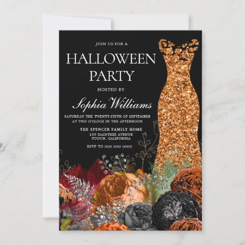 Big Deals! Orange Gown & Floral Fall Halloween Party Invitation