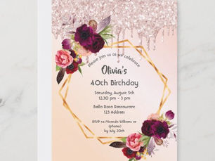 Big Deals! 40th birthday burgundy florals rose gold glitter invitation