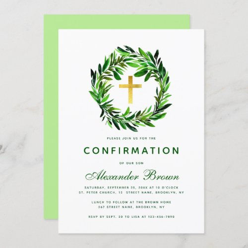 Review Confirmation Greenery Wreath Gold Cross Botanical Invitation