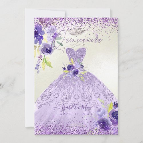 Top 5! Quinceanera Lilac Purple Silver Glitter Gown Invit Invitation
