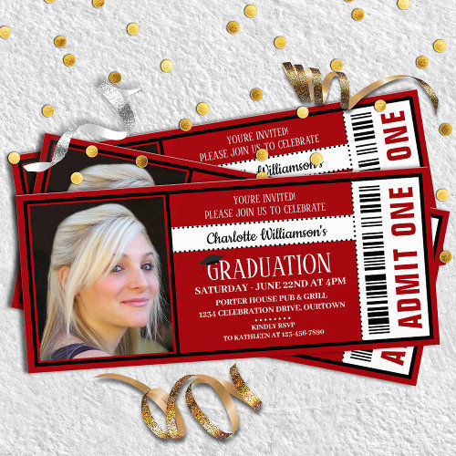 Hot Review! Red|White Photo Ticket Graduation Party Invitation